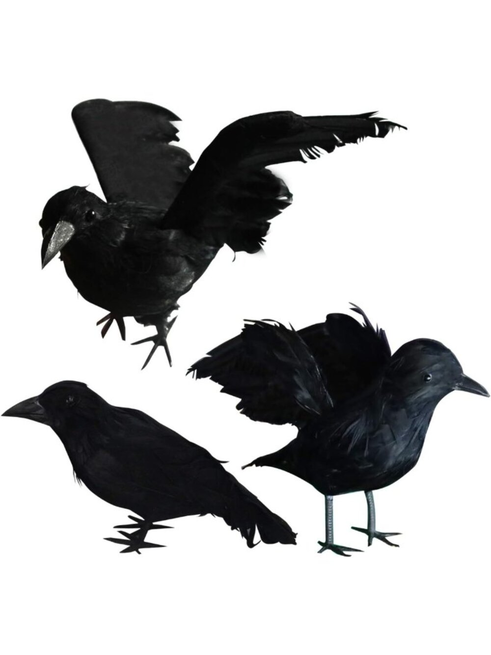 3 Pack Black Feathered Crows for Halloween Decor - Realistic Indoor/Outdoor